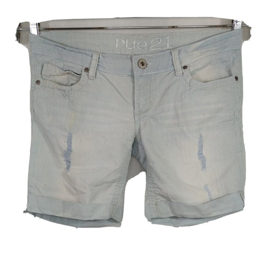 Rue 21 Denim Jean Shorts Women Size 6 Light Wash Ripped Cuffed Flap Pockets